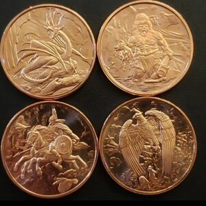 Set of Four Copper Coins. Nordic Design. 39mm Dia. 1 Ounce Ea.
